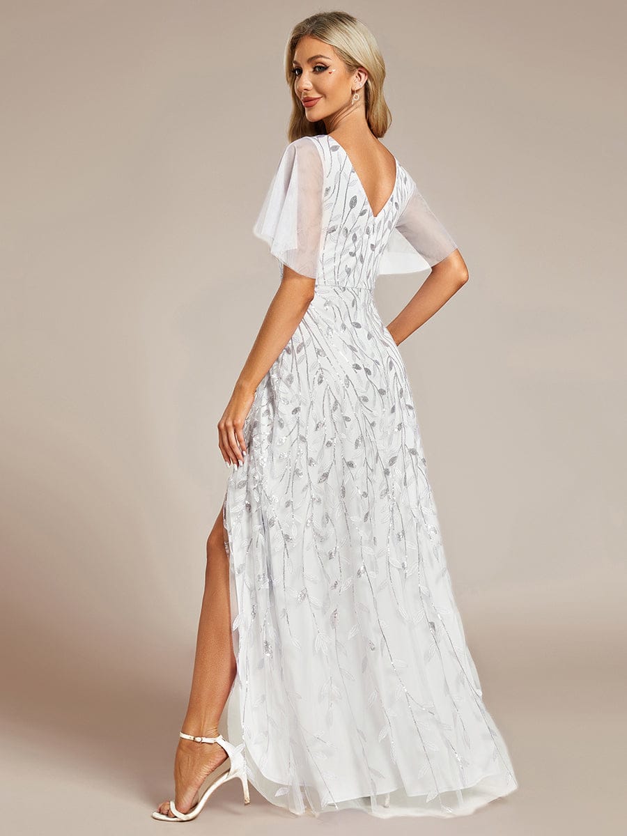 ever ALIX|Short Sleeves Sequin High Low V-Neck Midi Formal Wedding Guest Dress