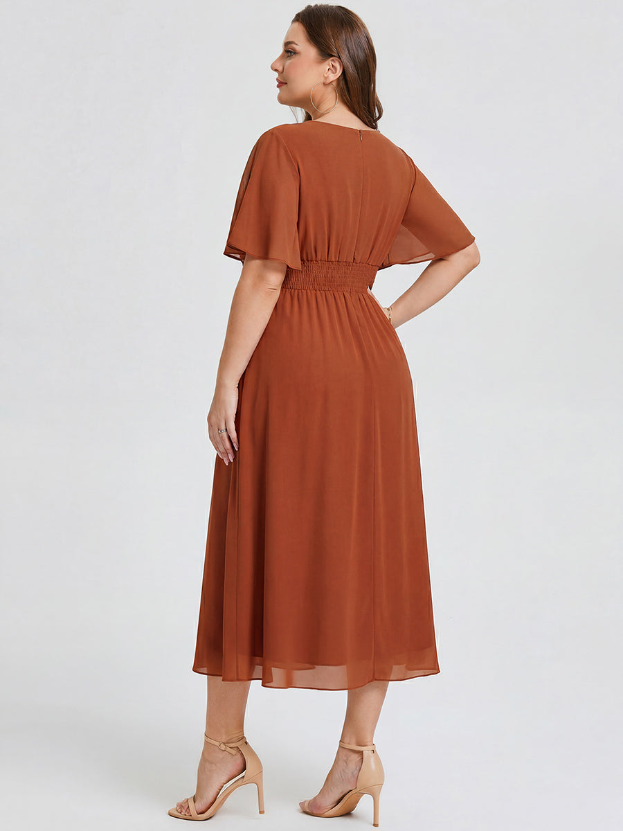 pretty LILOU| Plus Size Pleated Chiffon Ruffle Sleeve Wedding Guest Dress