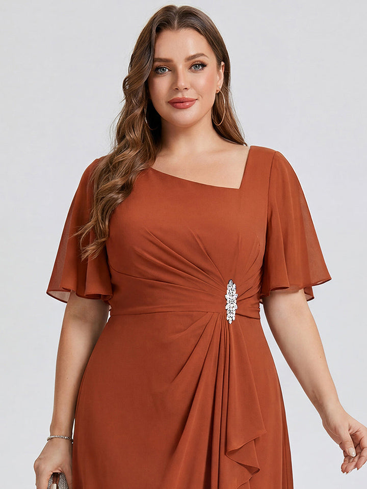 pretty LILOU| Plus Size Pleated Chiffon Ruffle Sleeve Wedding Guest Dress