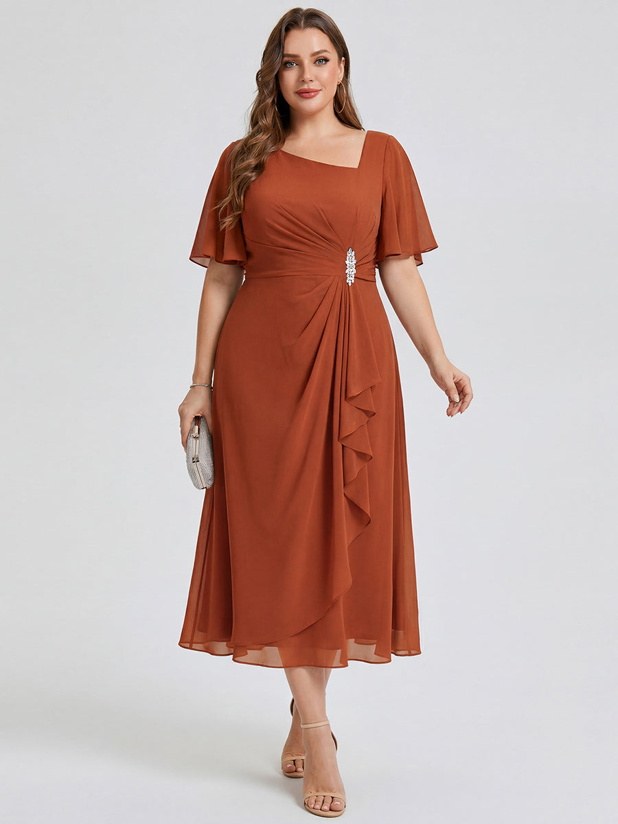 pretty LILOU| Plus Size Pleated Chiffon Ruffle Sleeve Wedding Guest Dress