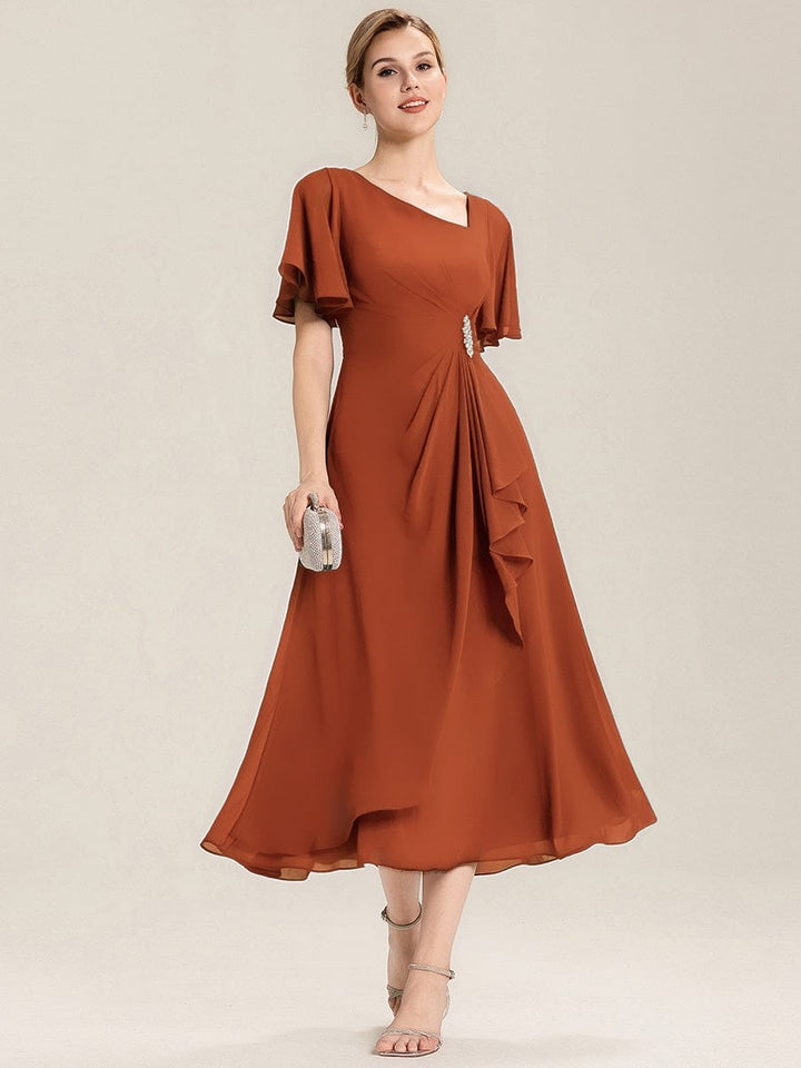 ever LILOU| Pleated Chiffon Ruffle Sleeve Wedding Guest Dress