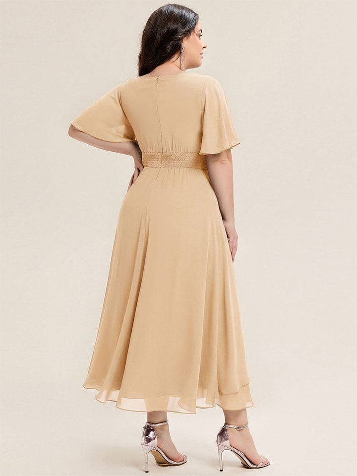ever LILOU| Pleated Chiffon Ruffle Sleeve Wedding Guest Dress