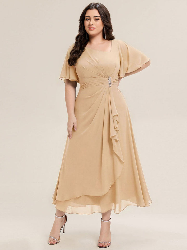 ever LILOU| Pleated Chiffon Ruffle Sleeve Wedding Guest Dress