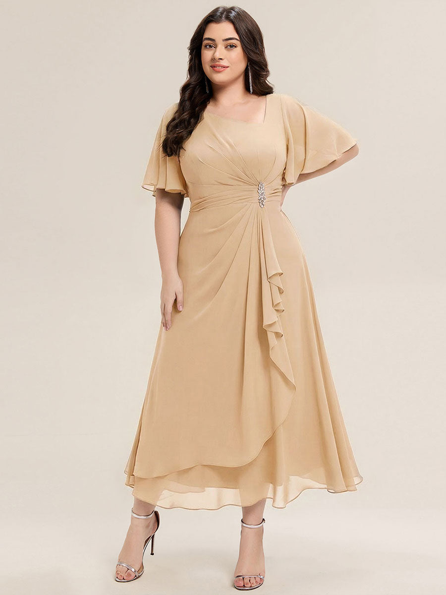pretty LILOU| Plus Size Pleated Chiffon Ruffle Sleeve Wedding Guest Dress