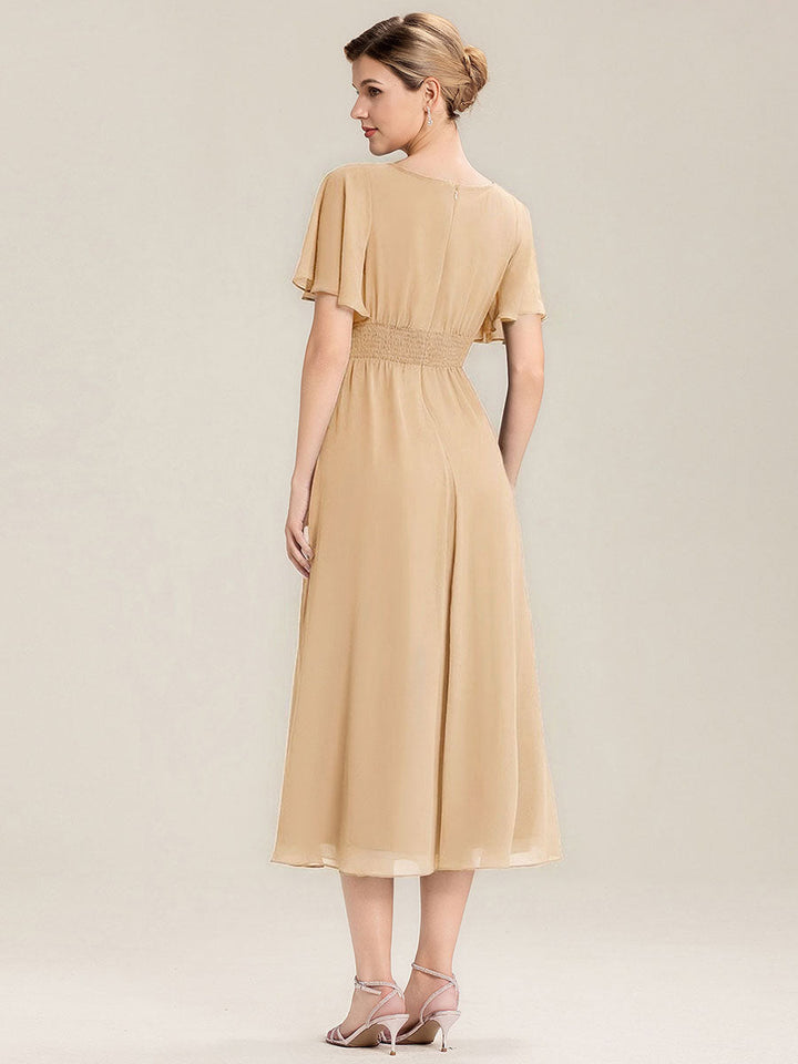 ever LILOU| Pleated Chiffon Ruffle Sleeve Wedding Guest Dress