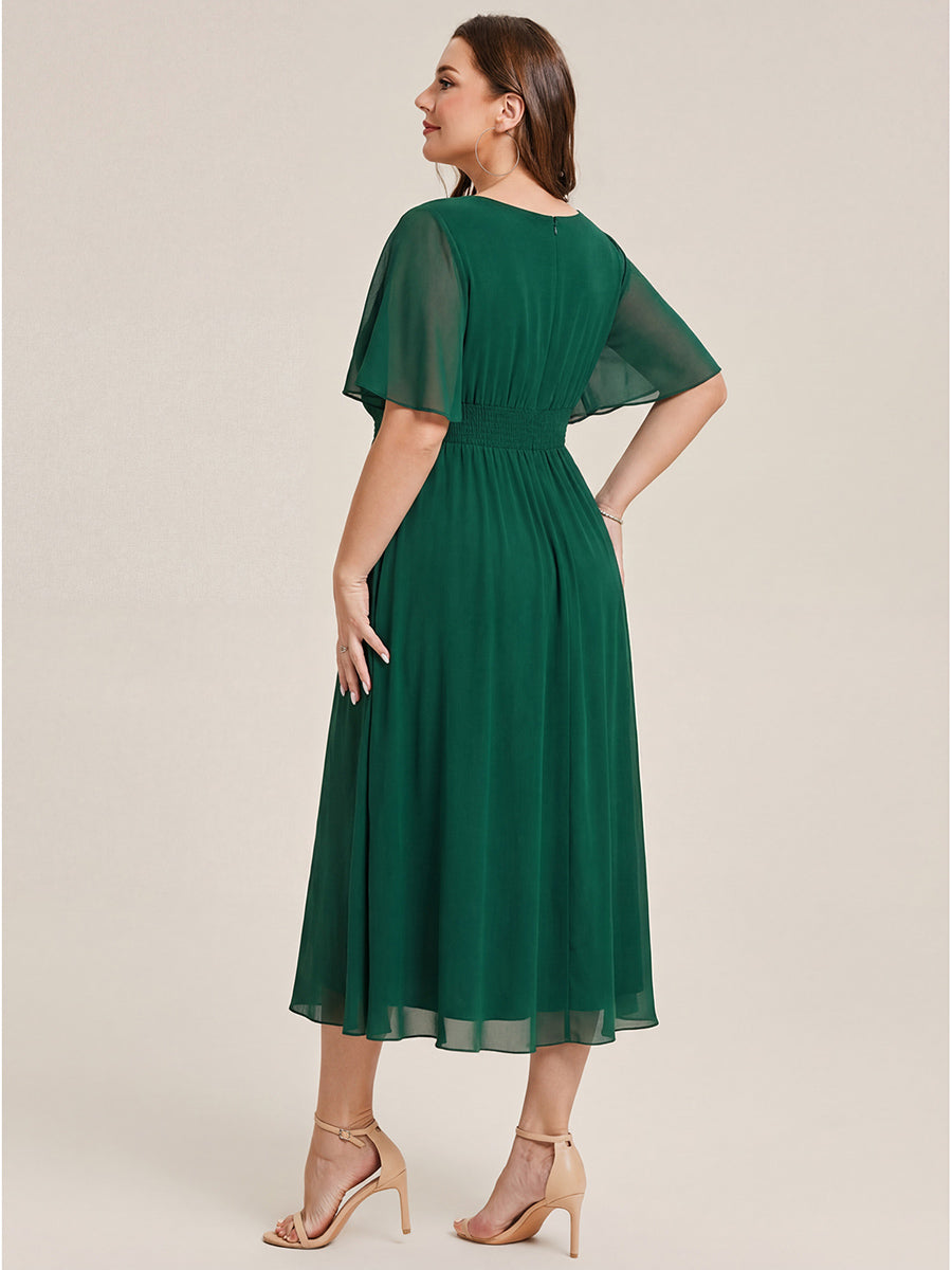 pretty LILOU| Plus Size Pleated Chiffon Ruffle Sleeve Wedding Guest Dress