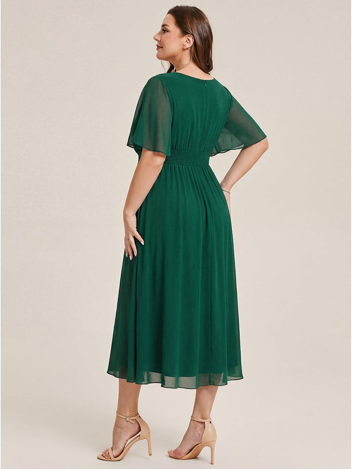 pretty LILOU| Plus Size Pleated Chiffon Ruffle Sleeve Wedding Guest Dress