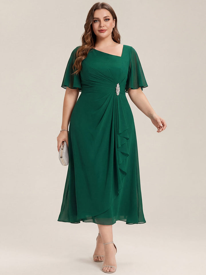 pretty LILOU| Plus Size Pleated Chiffon Ruffle Sleeve Wedding Guest Dress