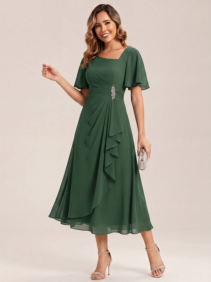 pretty LILOU| Plus Size Pleated Chiffon Ruffle Sleeve Wedding Guest Dress