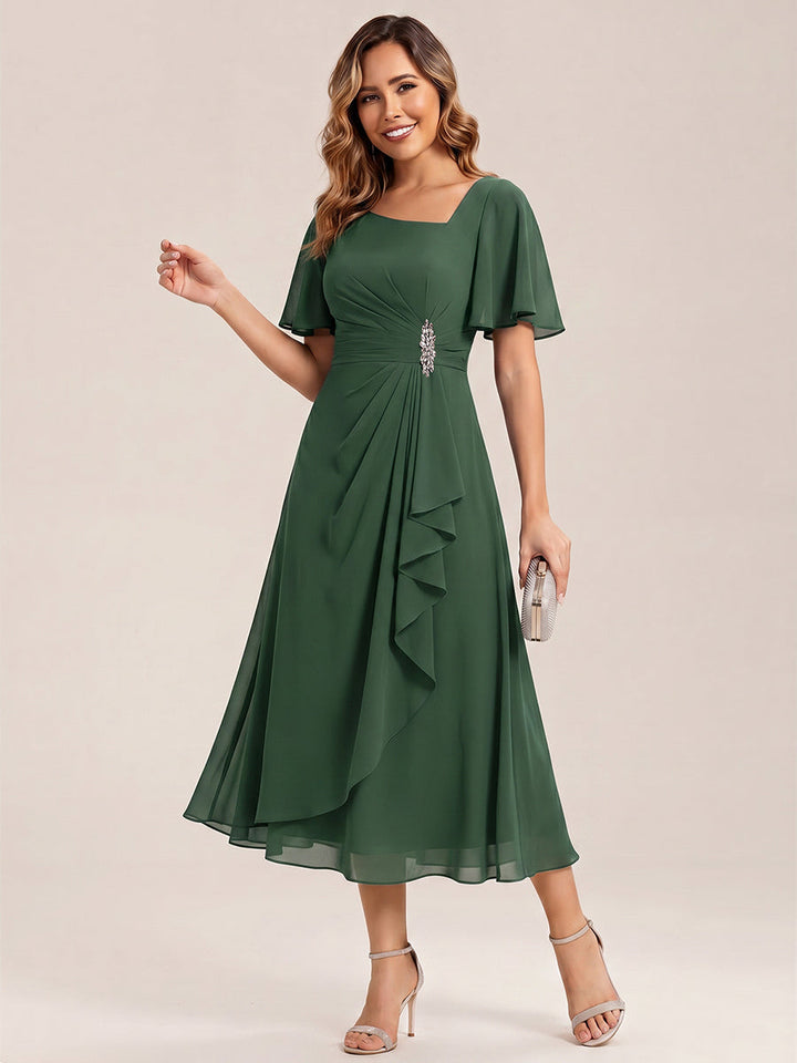 pretty LILOU| Plus Size Pleated Chiffon Ruffle Sleeve Wedding Guest Dress