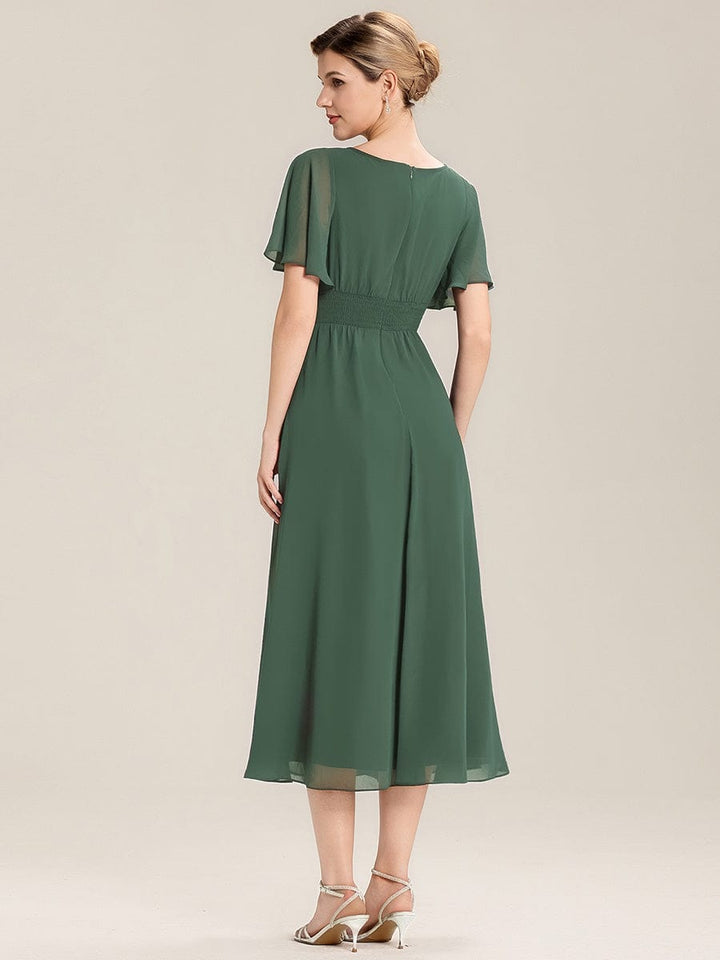pretty LILOU| Plus Size Pleated Chiffon Ruffle Sleeve Wedding Guest Dress