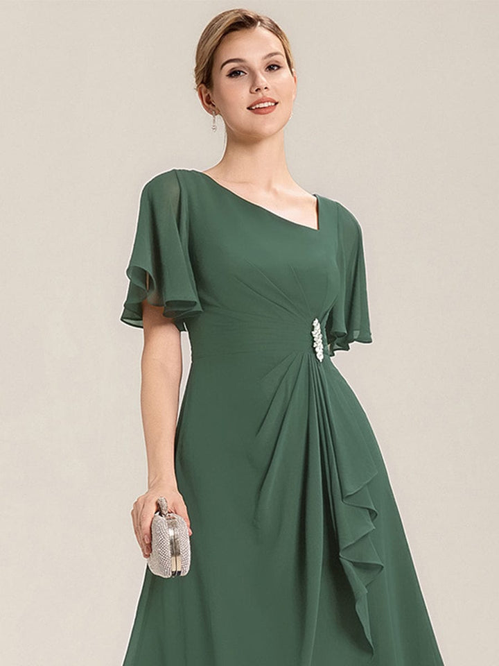 pretty LILOU| Plus Size Pleated Chiffon Ruffle Sleeve Wedding Guest Dress