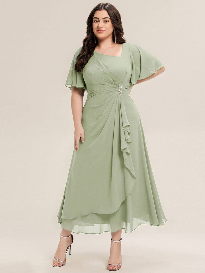 ever LILOU| Pleated Chiffon Ruffle Sleeve Wedding Guest Dress