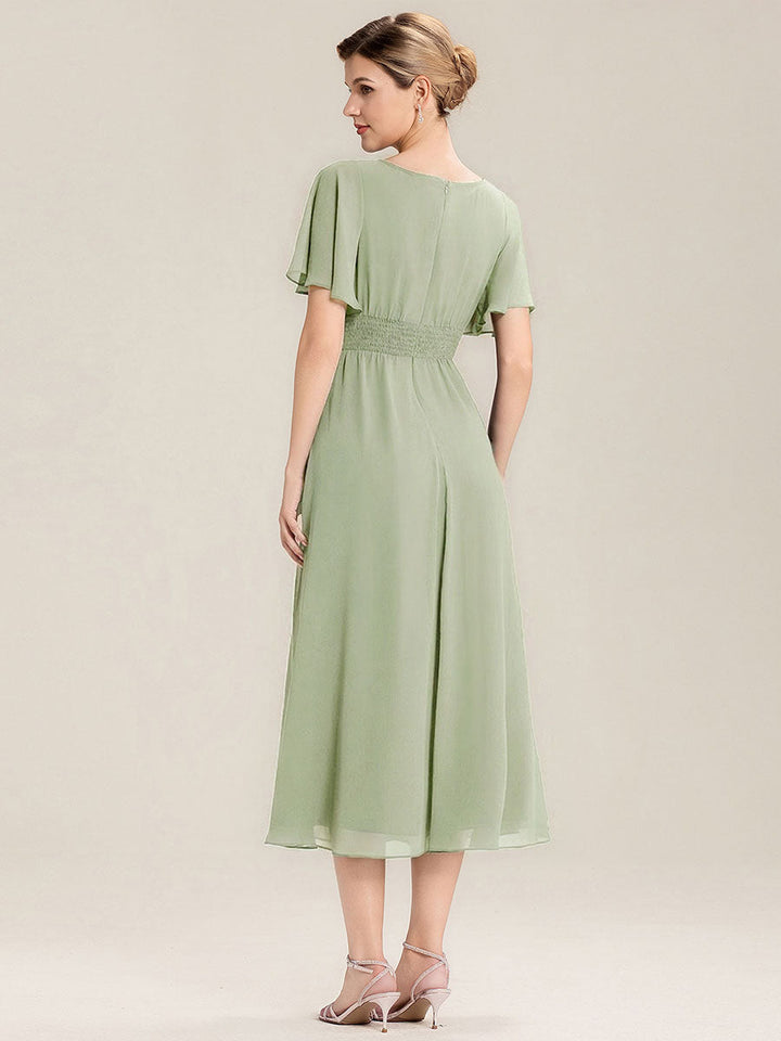ever LILOU| Pleated Chiffon Ruffle Sleeve Wedding Guest Dress