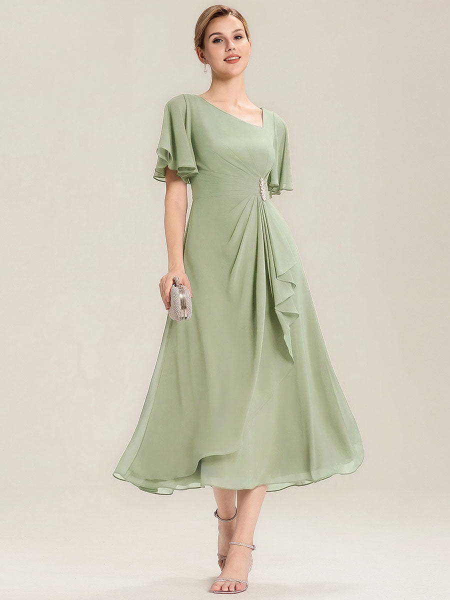 ever LILOU| Pleated Chiffon Ruffle Sleeve Wedding Guest Dress