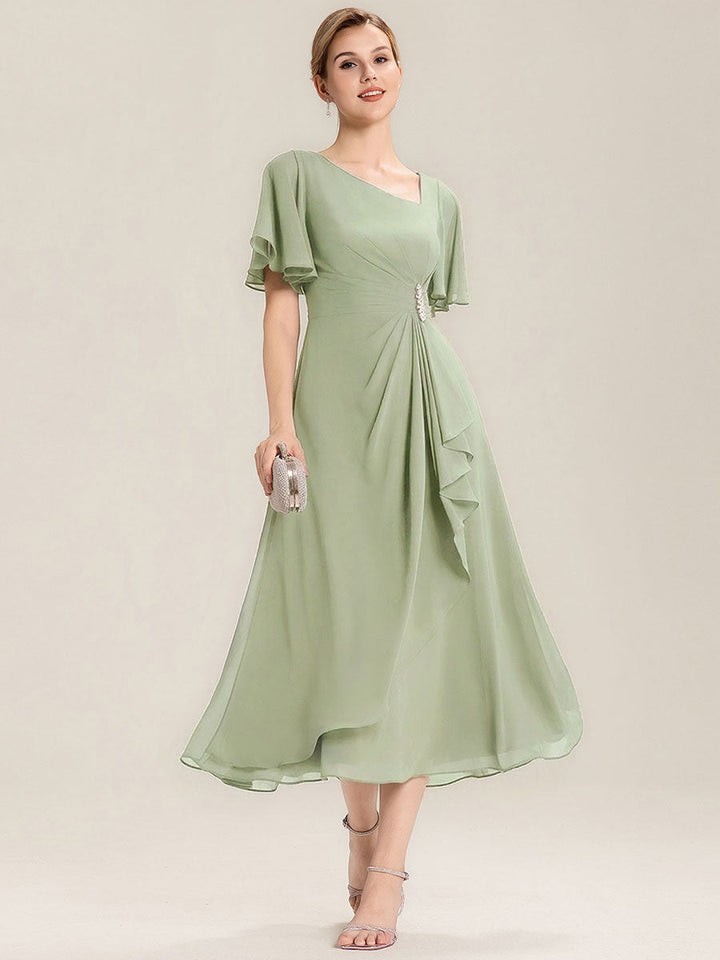 ever LILOU| Pleated Chiffon Ruffle Sleeve Wedding Guest Dress