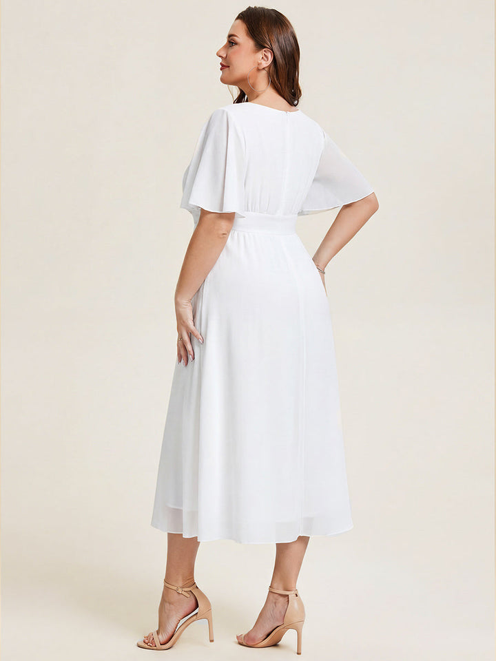 pretty LILOU| Plus Size Pleated Chiffon Ruffle Sleeve Wedding Guest Dress