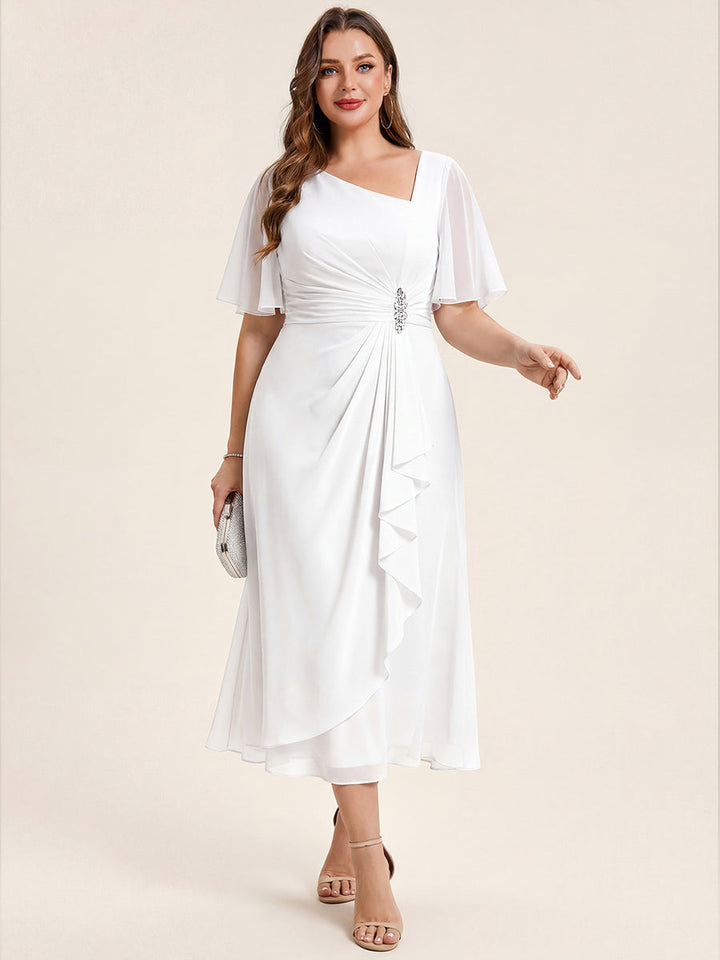 pretty LILOU| Plus Size Pleated Chiffon Ruffle Sleeve Wedding Guest Dress