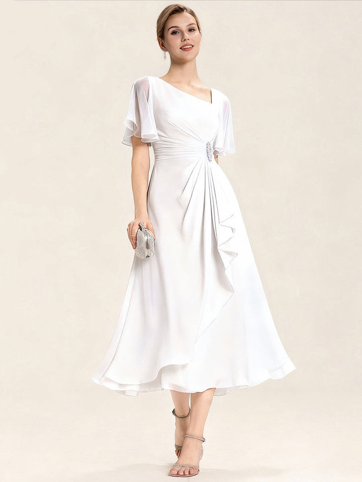 ever LILOU| Pleated Chiffon Ruffle Sleeve Wedding Guest Dress