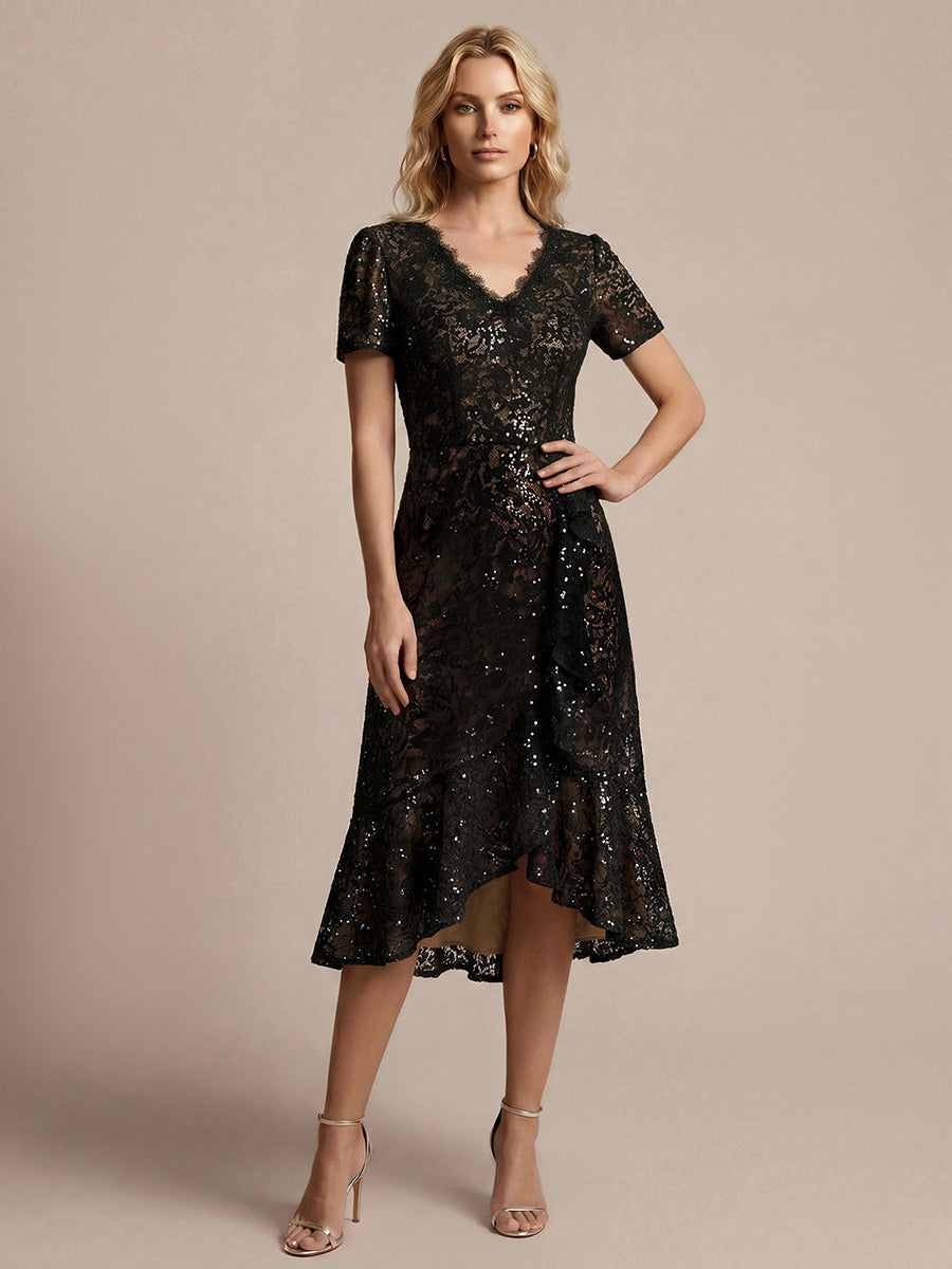 Sequin Lace High Low Wedding Guest Dress