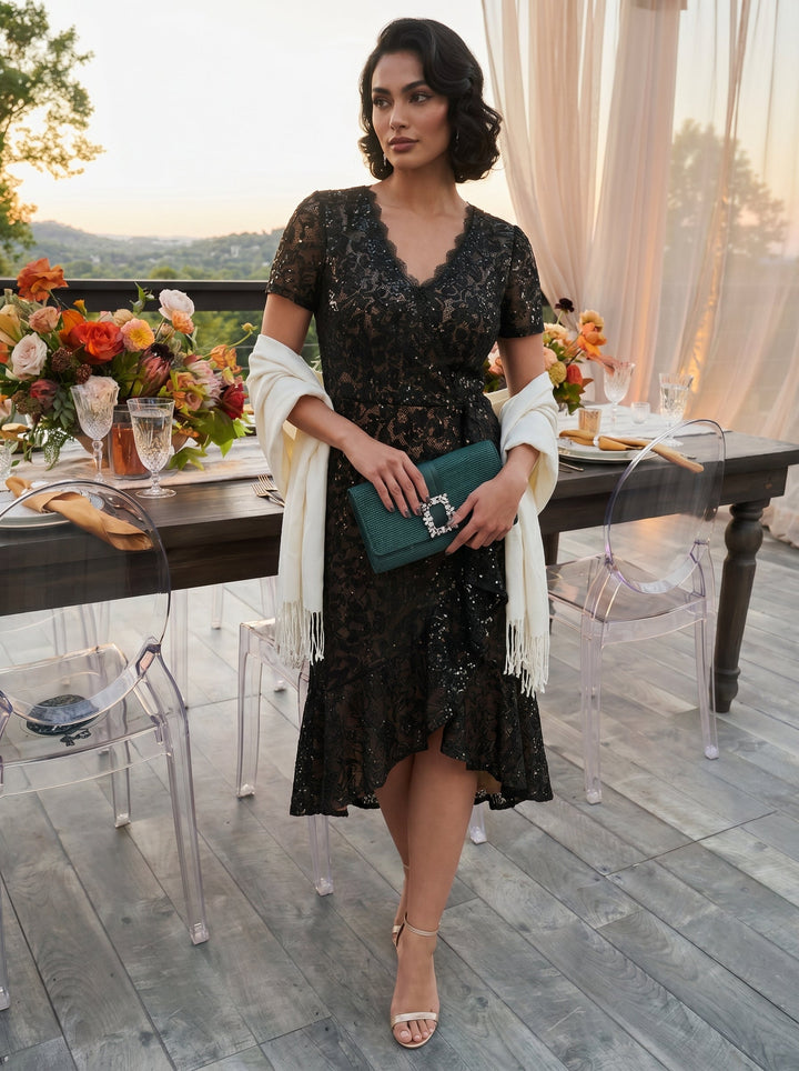 Sequin Lace High Low Wedding Guest Dress