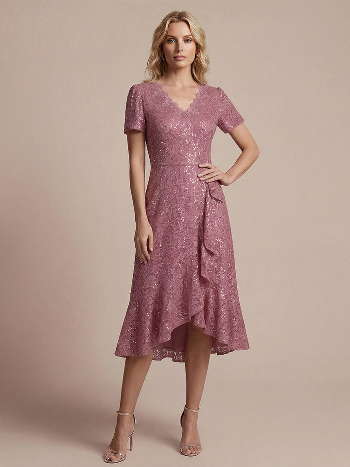 Sequin Lace High Low Wedding Guest Dress