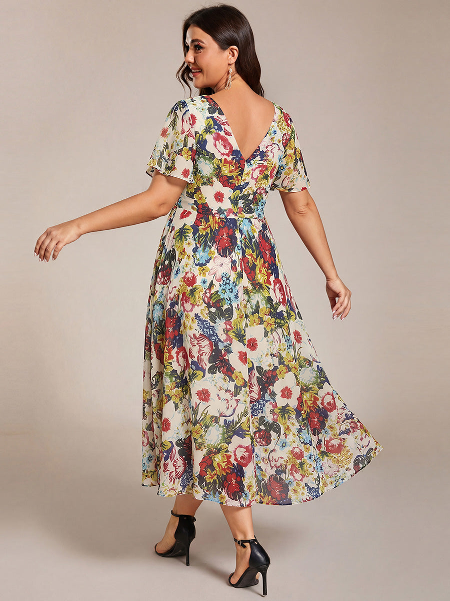 pretty FAYE|Plus Size Double V-Neck Ruffles Sleeve Chiffon Midi Wedding Guest Dress