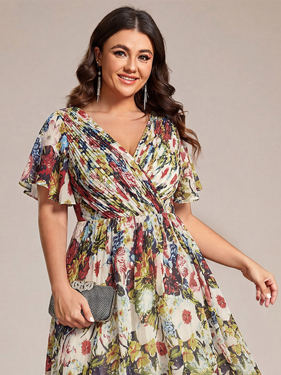 pretty FAYE|Plus Size Double V-Neck Ruffles Sleeve Chiffon Midi Wedding Guest Dress