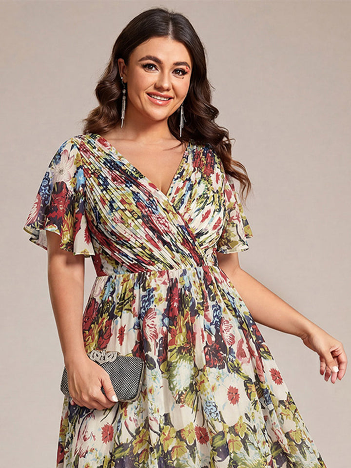 pretty FAYE|Plus Size Double V-Neck Ruffles Sleeve Chiffon Midi Wedding Guest Dress