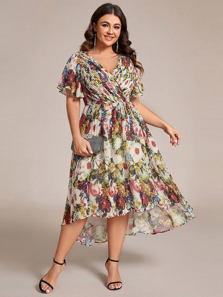 pretty FAYE|Plus Size Double V-Neck Ruffles Sleeve Chiffon Midi Wedding Guest Dress