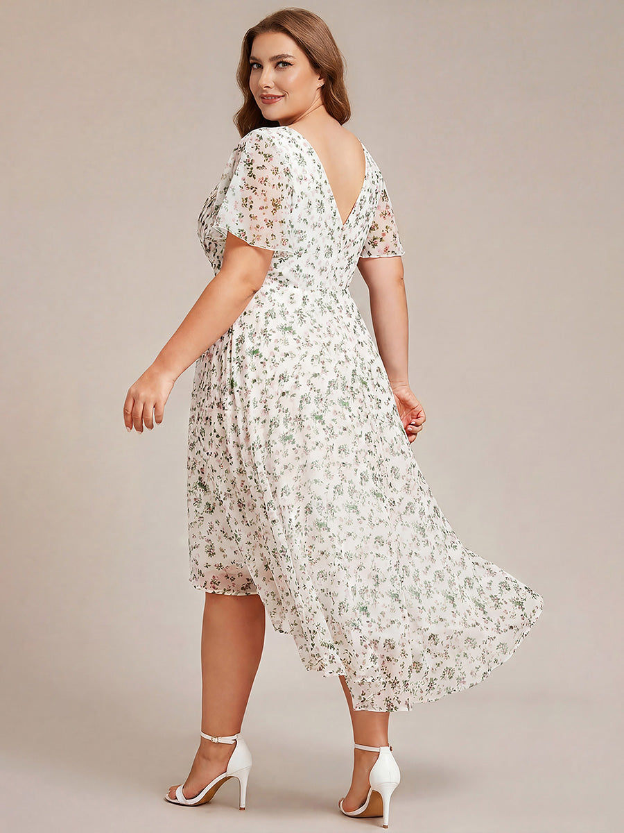 pretty FAYE|Plus Size Double V-Neck Ruffles Sleeve Chiffon Midi Wedding Guest Dress
