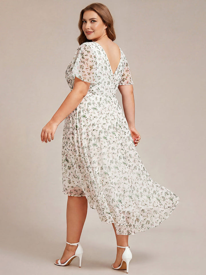 pretty FAYE|Plus Size Double V-Neck Ruffles Sleeve Chiffon Midi Wedding Guest Dress