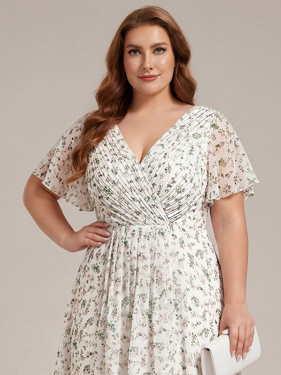 pretty FAYE|Plus Size Double V-Neck Ruffles Sleeve Chiffon Midi Wedding Guest Dress
