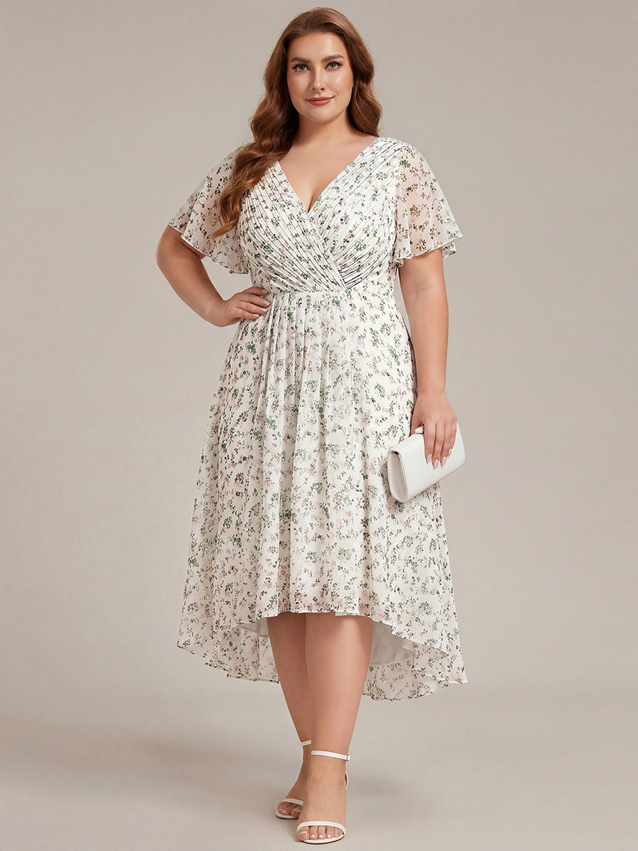 pretty FAYE|Plus Size Double V-Neck Ruffles Sleeve Chiffon Midi Wedding Guest Dress