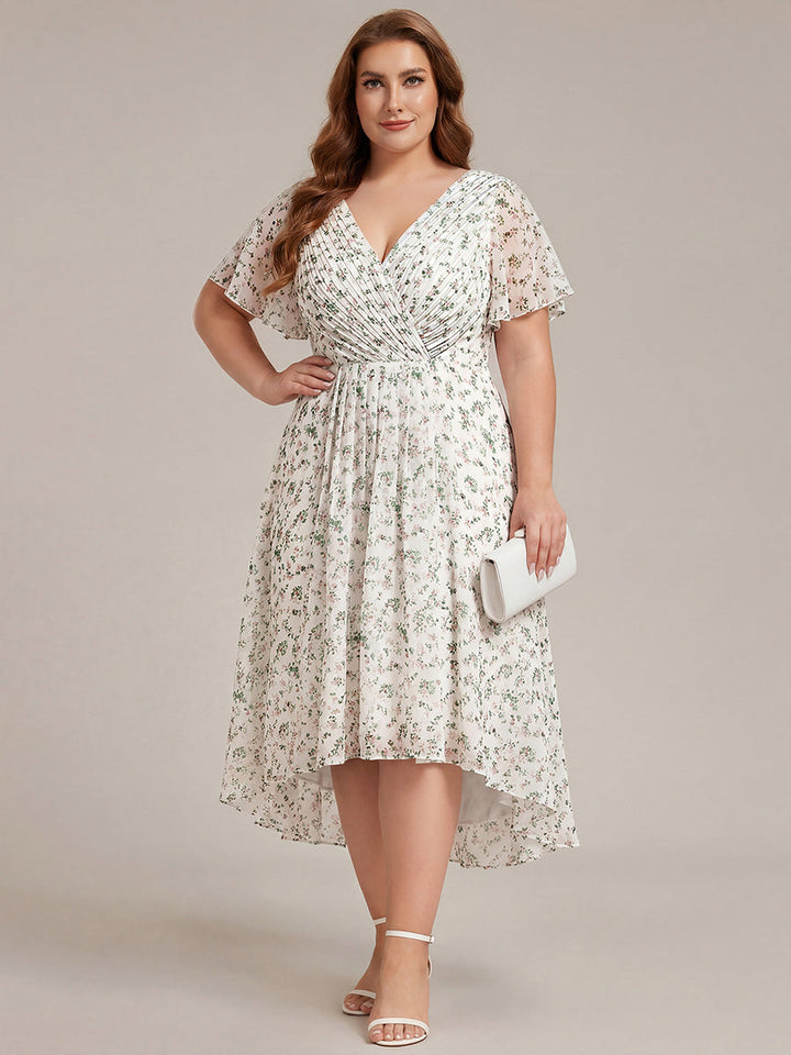pretty FAYE|Plus Size Double V-Neck Ruffles Sleeve Chiffon Midi Wedding Guest Dress