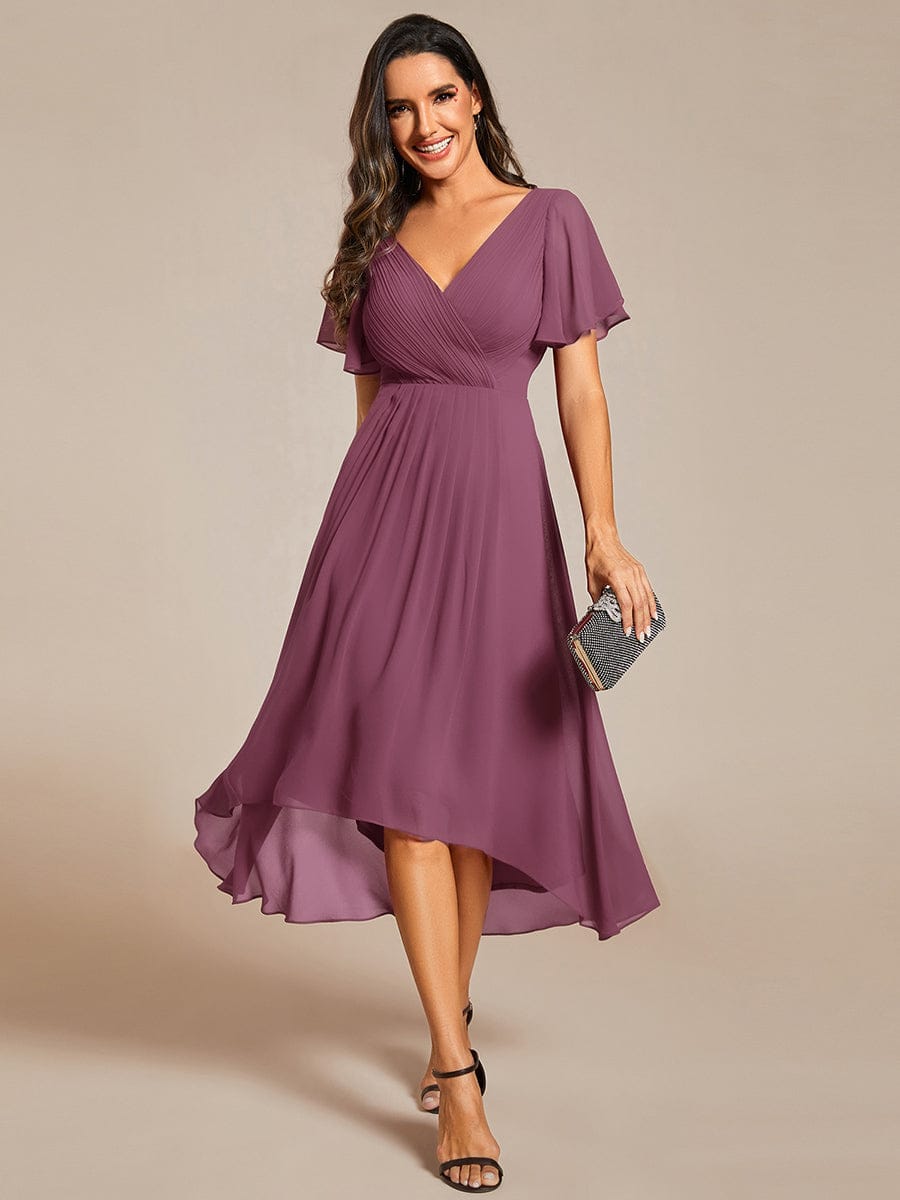 ever FAYE|Elegant V-Neck Flowy High-Low Short Sleeve Wedding Guest Dress