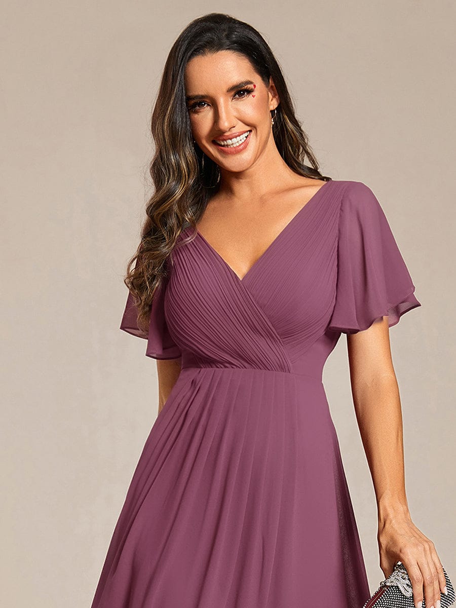 ever FAYE|Elegant V-Neck Flowy High-Low Short Sleeve Wedding Guest Dress