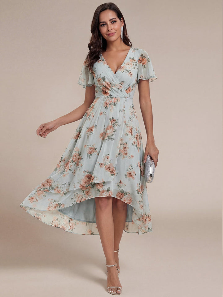 Deep V-Neck Chiffon Ruffle Sleeve Wedding Guest Dress