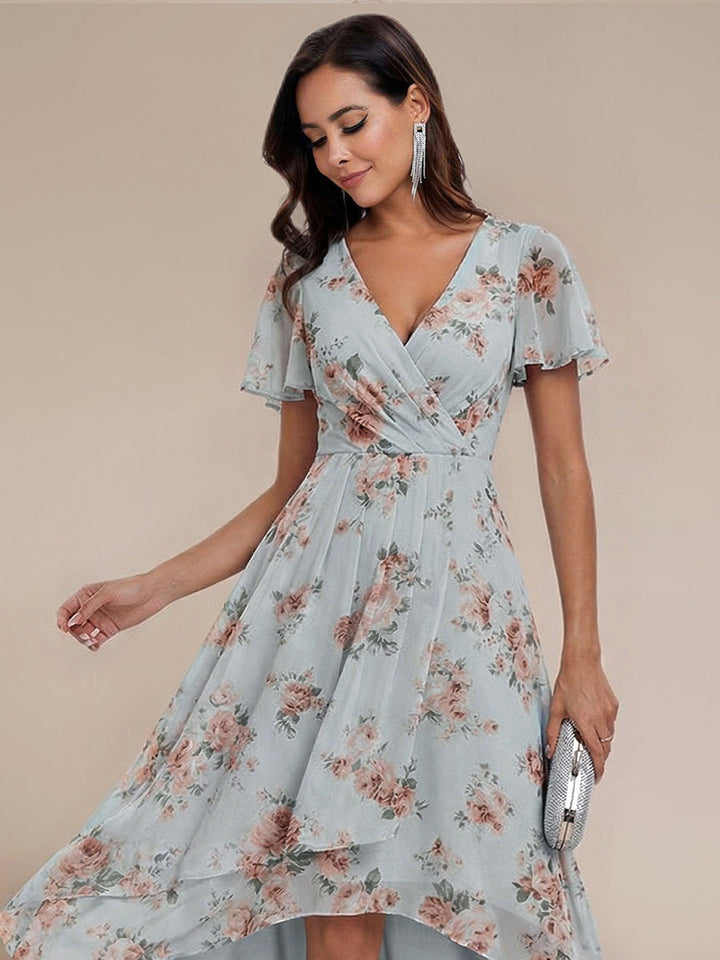 Deep V-Neck Chiffon Ruffle Sleeve Wedding Guest Dress