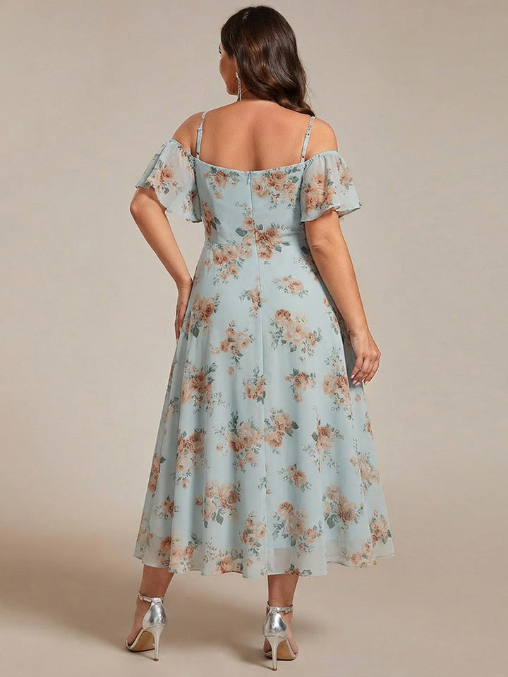 pretty JORDANE|Plus Size Cold Shoulder Sweetheart Necklin Chiffon Midi Wedding Guest Dress