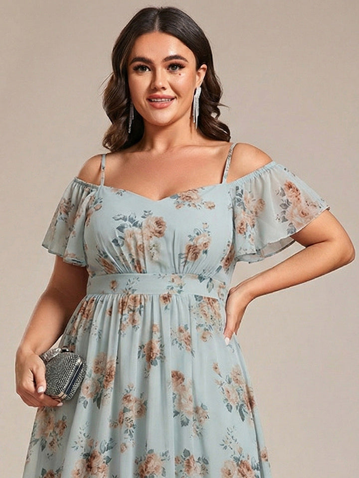 pretty JORDANE|Plus Size Cold Shoulder Sweetheart Necklin Chiffon Midi Wedding Guest Dress