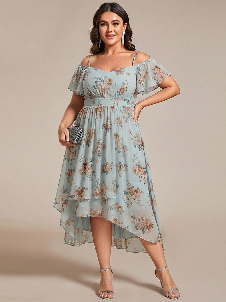 pretty JORDANE|Plus Size Cold Shoulder Sweetheart Necklin Chiffon Midi Wedding Guest Dress