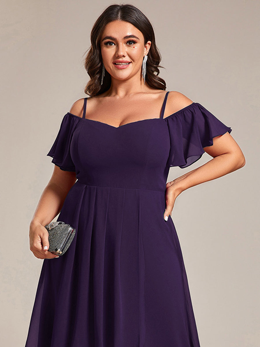 pretty JORDANE|Plus Size Cold Shoulder Sweetheart Necklin Chiffon Midi Wedding Guest Dress