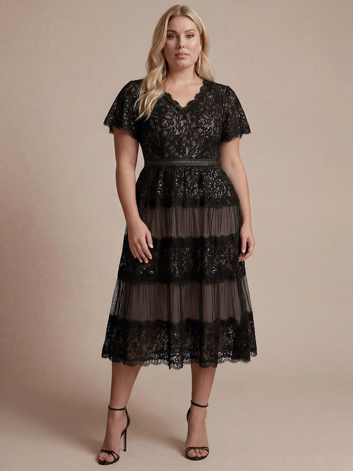 Lace Ruffle Sleeve A-Line Wedding Guest Dress