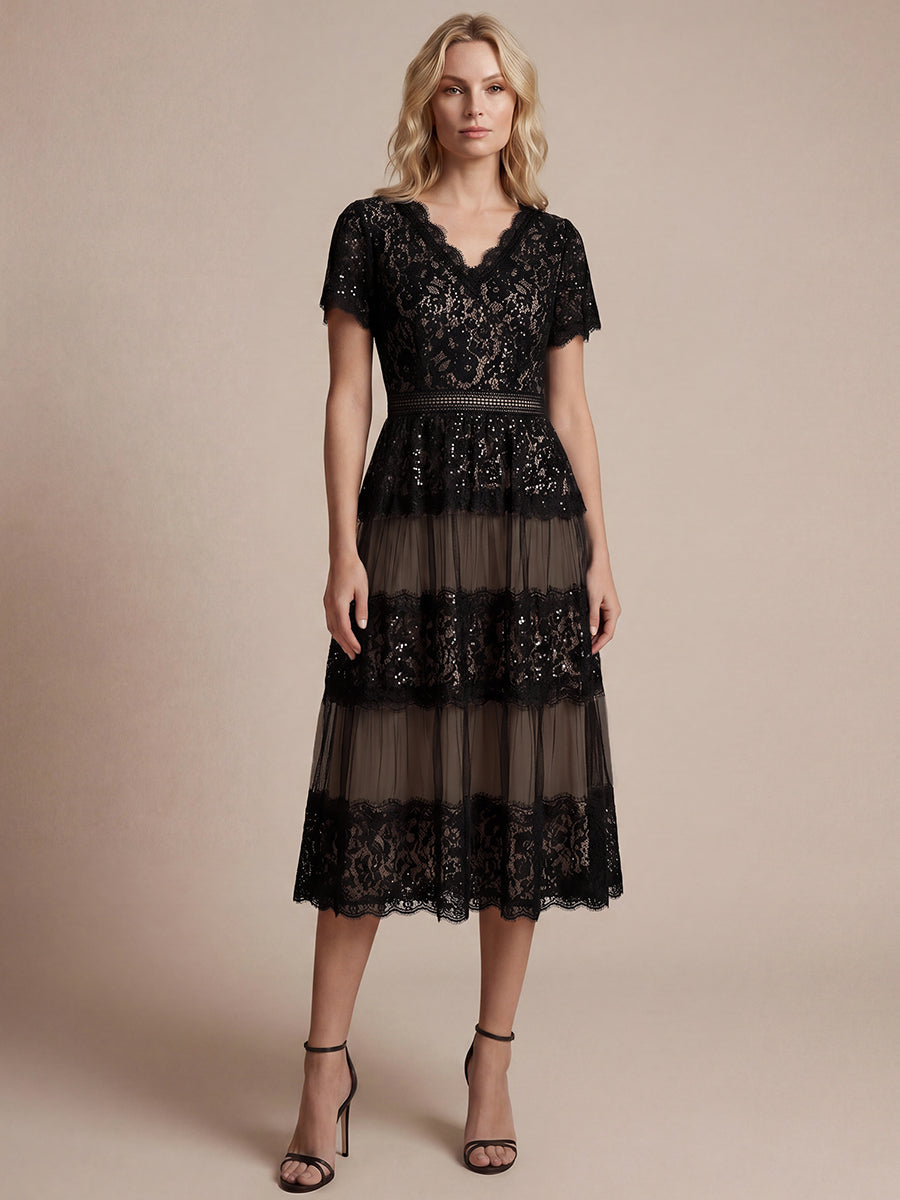 Lace Ruffle Sleeve A-Line Wedding Guest Dress