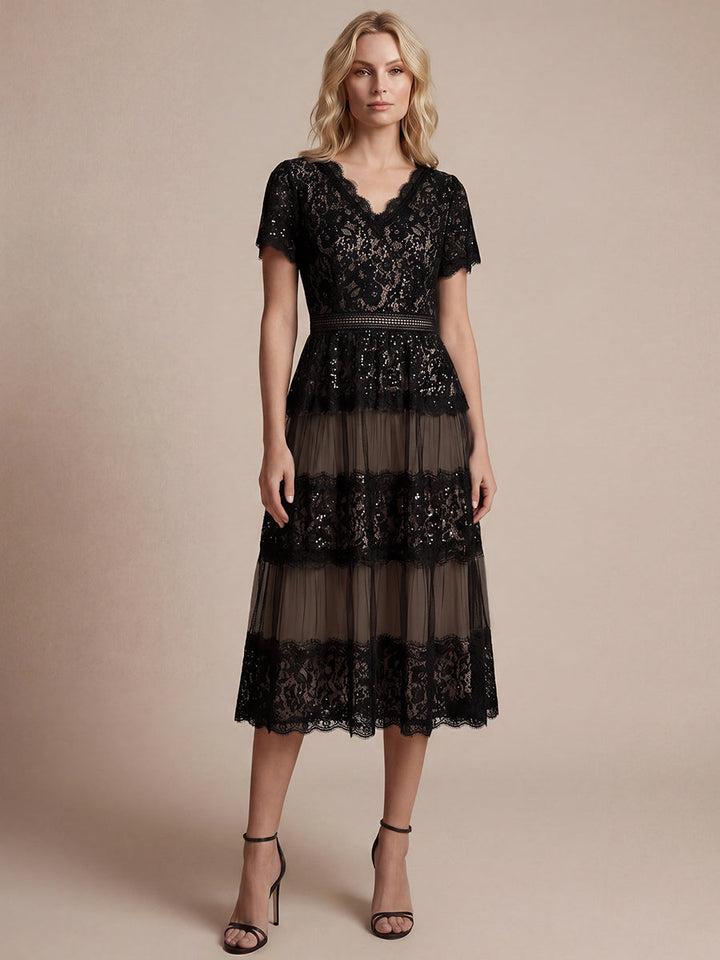 Lace Ruffle Sleeve A-Line Wedding Guest Dress