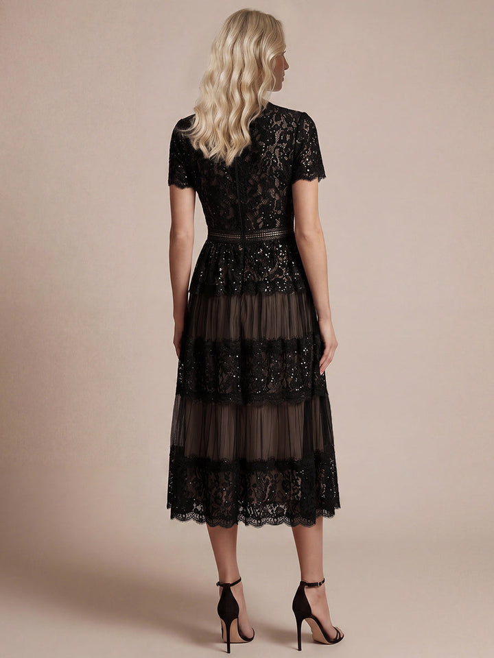 Lace Ruffle Sleeve A-Line Wedding Guest Dress