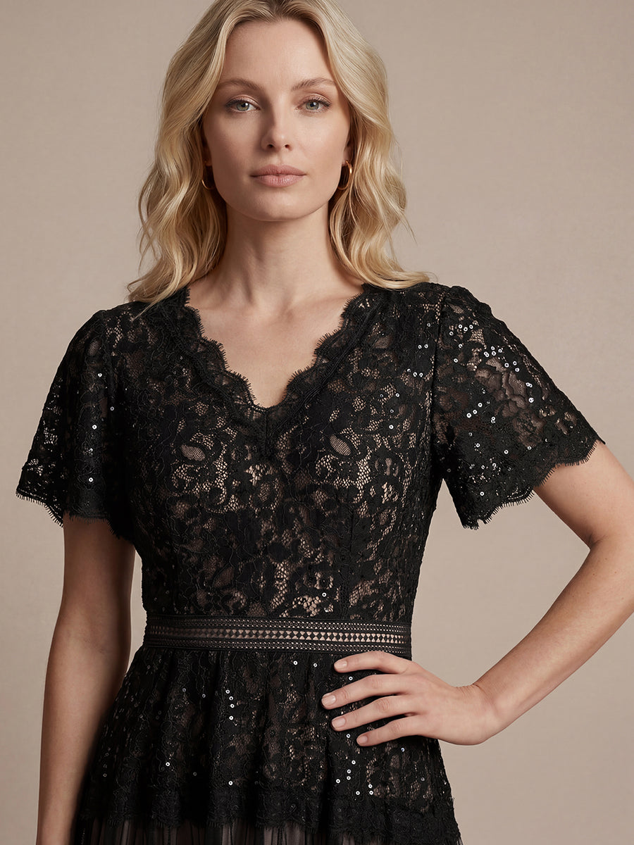 Lace Ruffle Sleeve A-Line Wedding Guest Dress