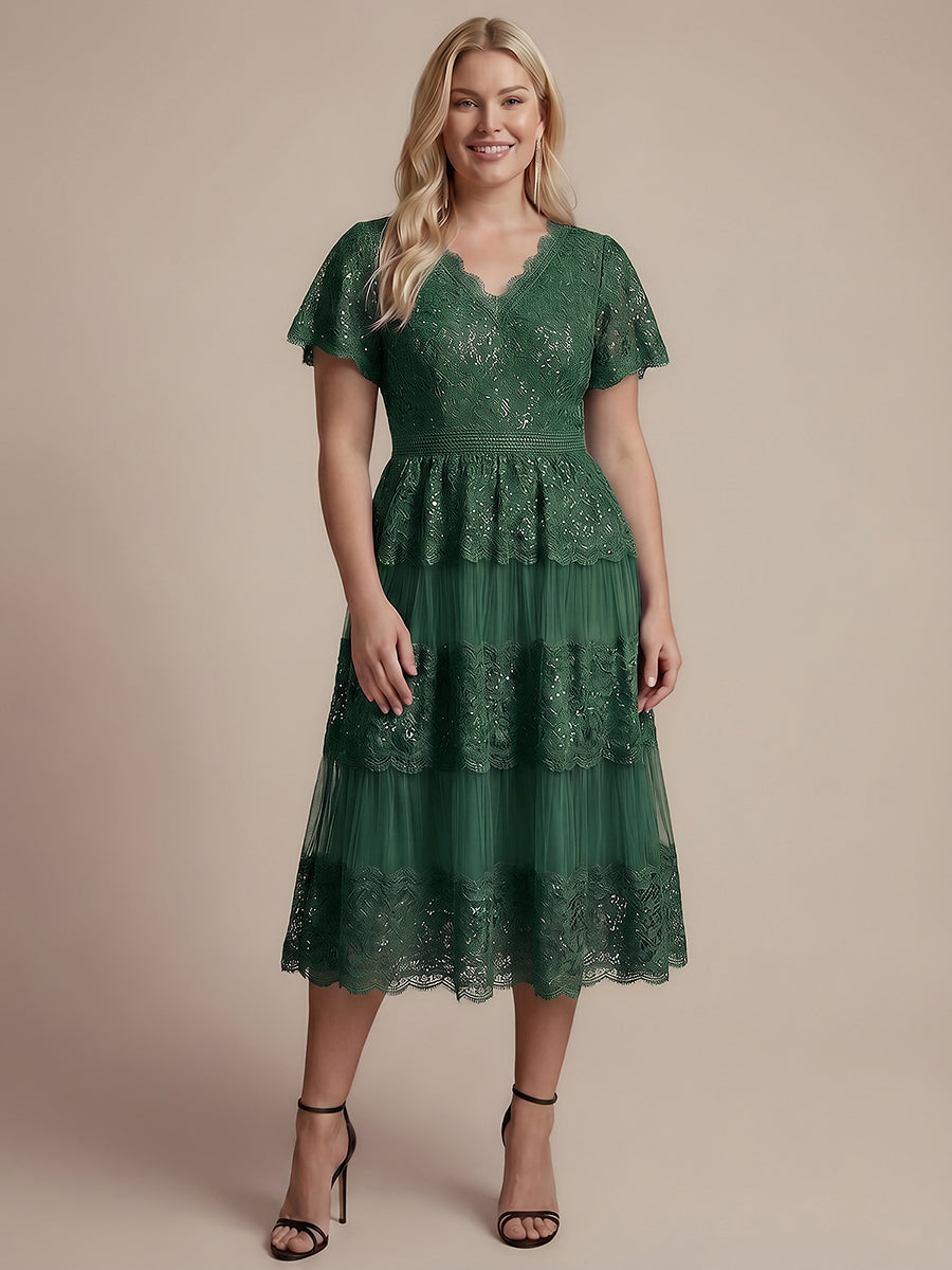 Lace Ruffle Sleeve A-Line Wedding Guest Dress