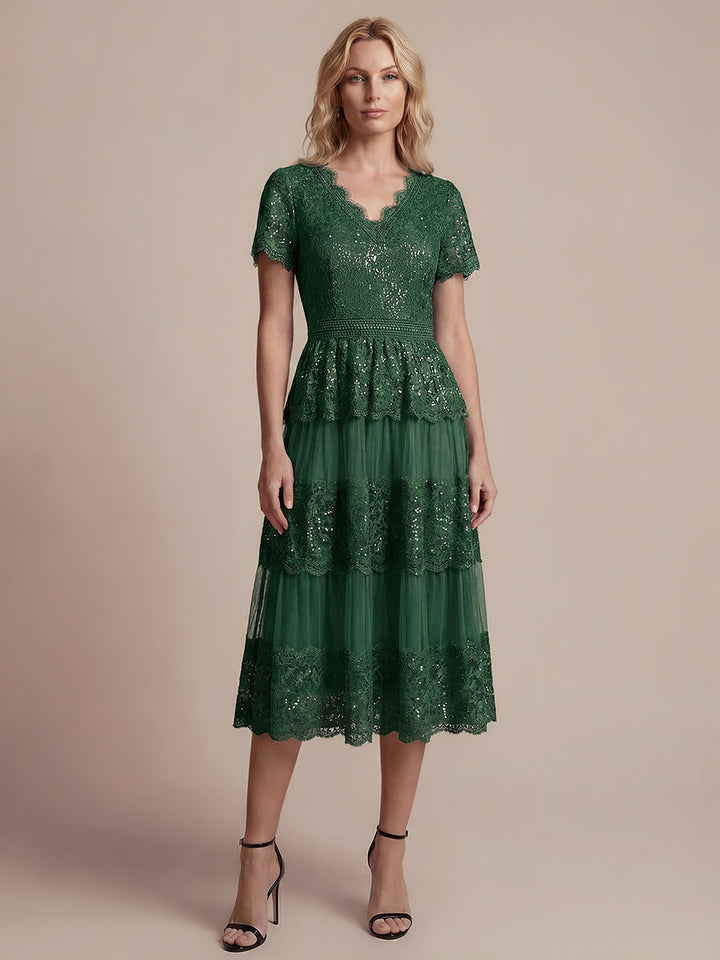 Lace Ruffle Sleeve A-Line Wedding Guest Dress
